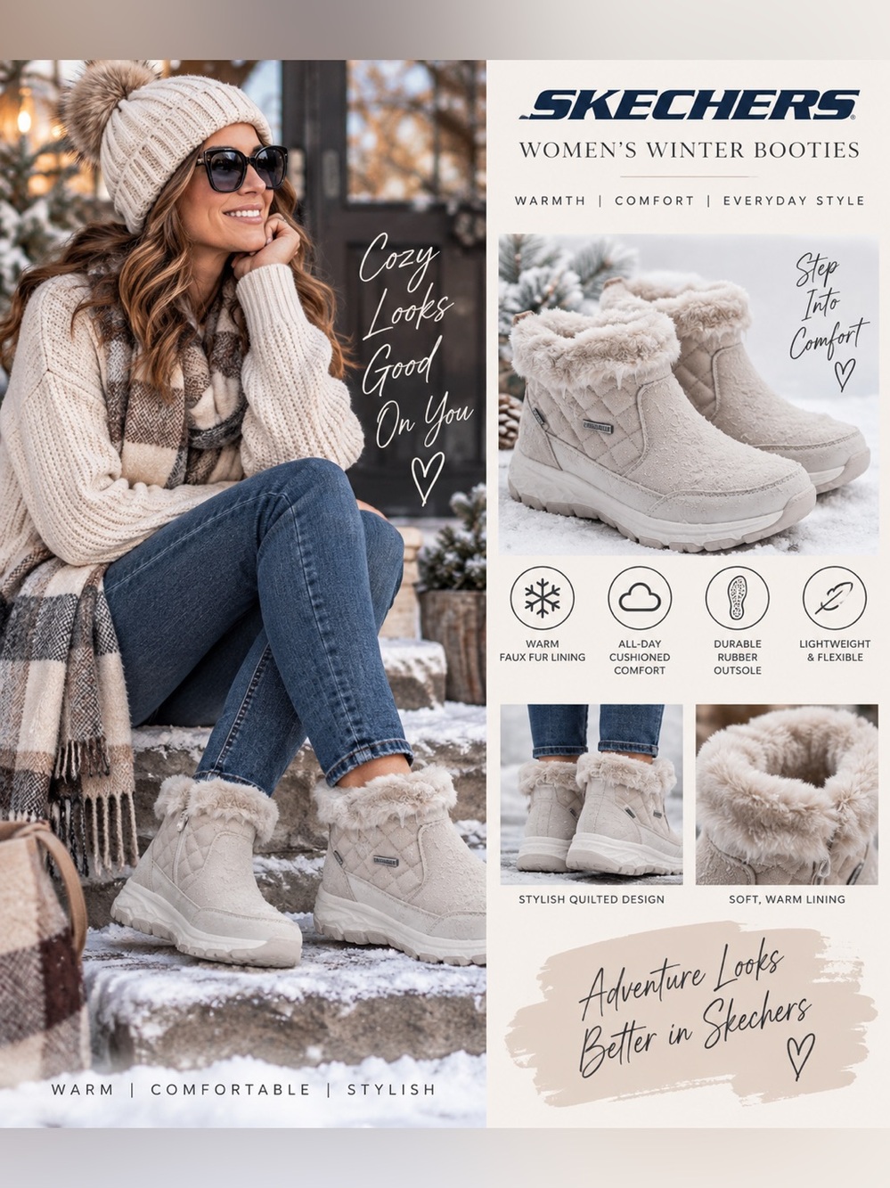 Skechers Women's Beige Quilted Faux-Fur Ankle Booties